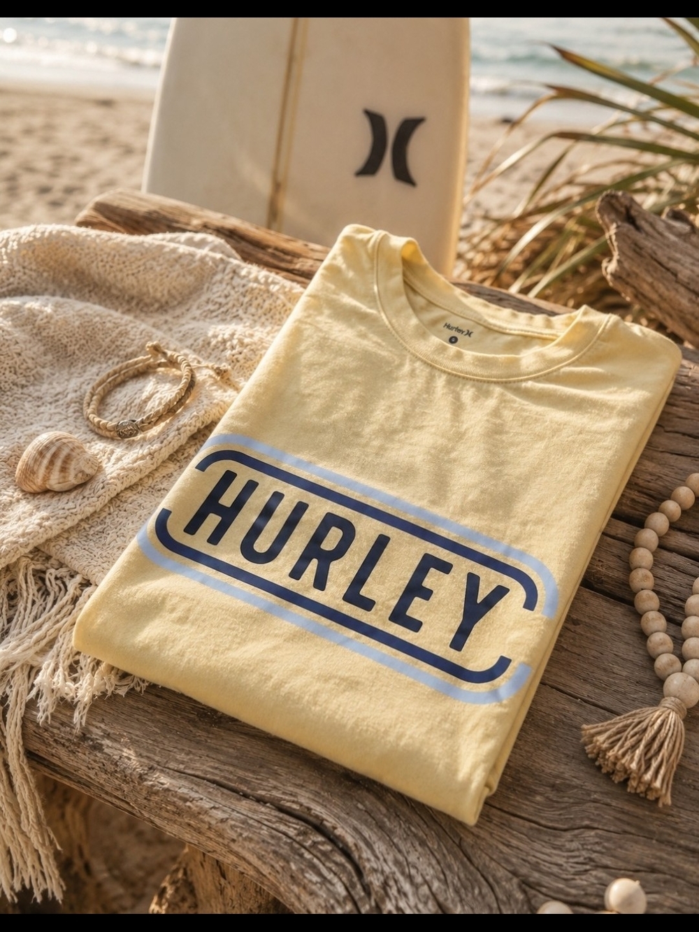 Hurley Soft Butter Yellow Crewneck T-Shirt Graphic Tee L, Beach, Surf
